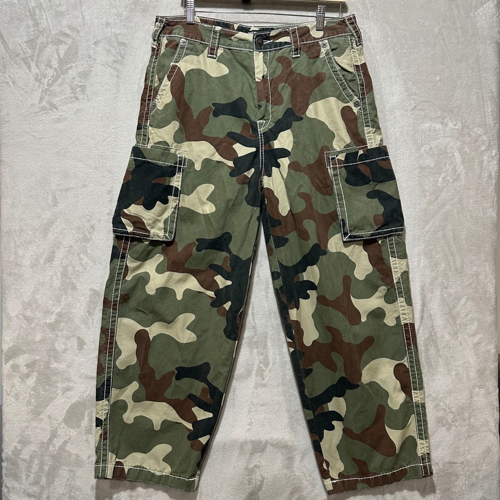 True Religion Big T Cargo Twill Baggy Pants 33 Camo Green Brown White Stitching